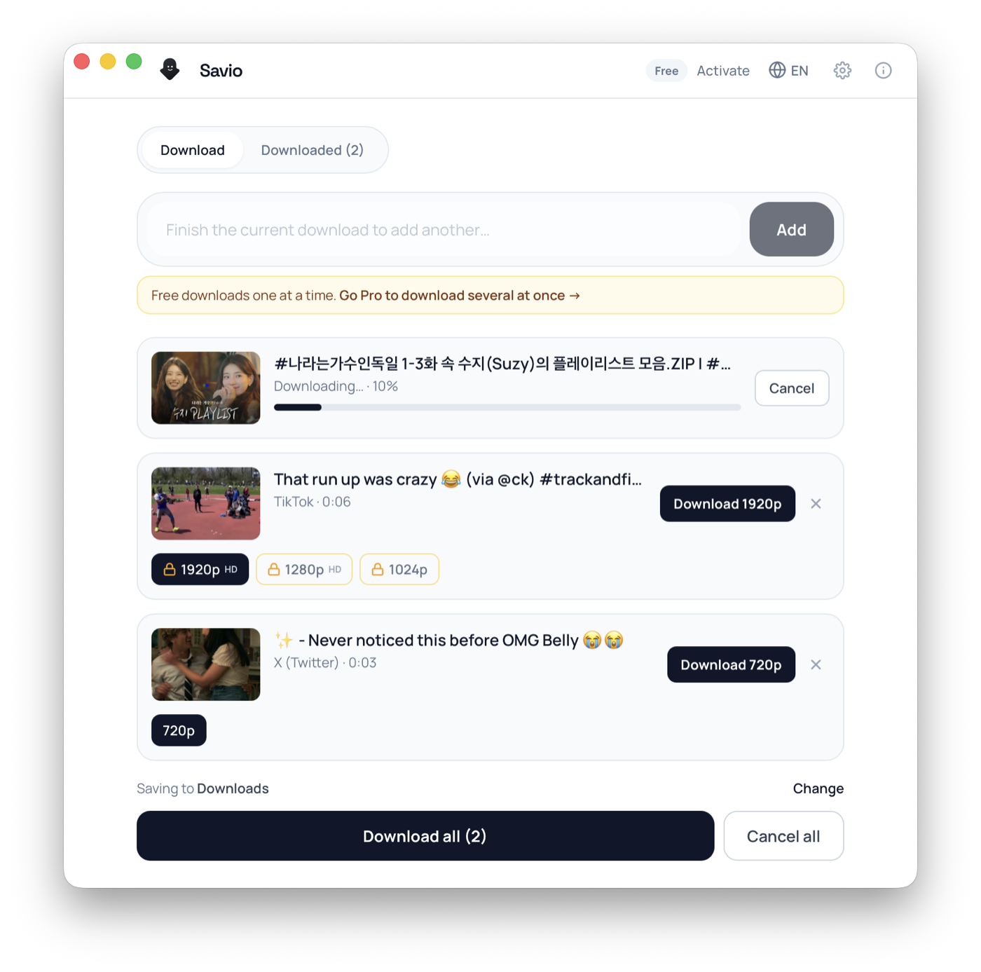 Savio Desktop — batch download queue showing per-video resolution options and live progress